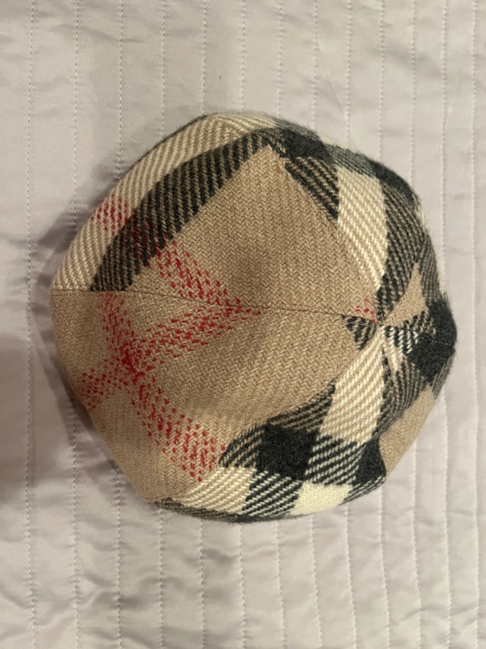 Burberry Beige Plaid Baker Boy Cap with Black and Red Details
